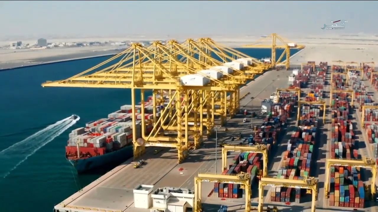 Aerial view of container cranes at Hamad Port, Qatar